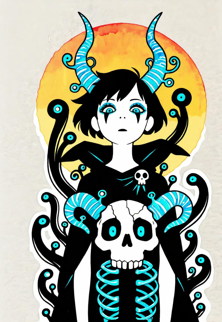 An illustration of a girl with a black pixie cut and large, striped blue horns. She wears a black cloak with a large skull and ribcage design on it, and is set against a yellow watercolor sun background, surrounded by black tendrils with blue eyes.