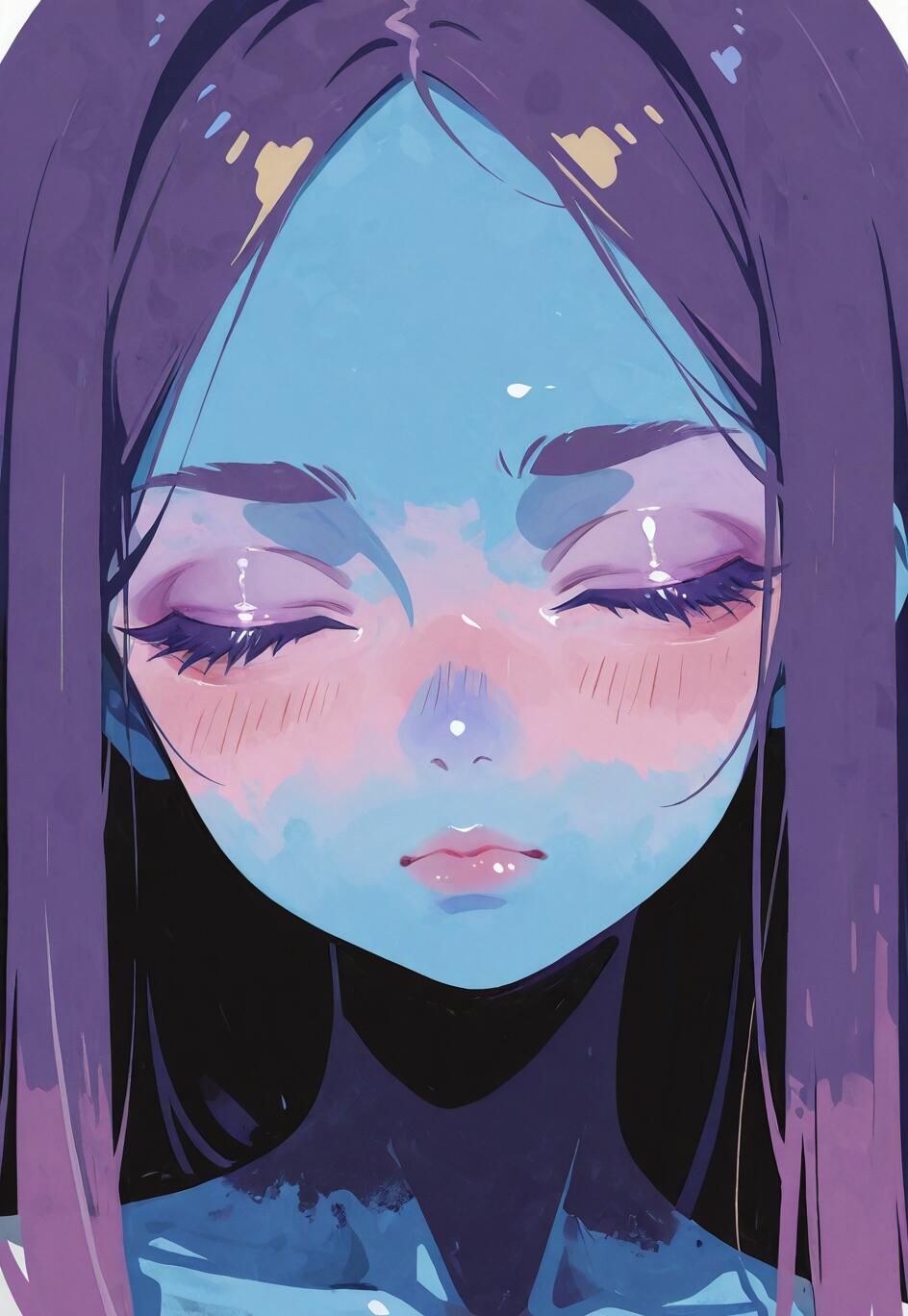 A close-up digital illustration of a sad girl with blue skin, long purple hair, and closed eyes with tears welling up.