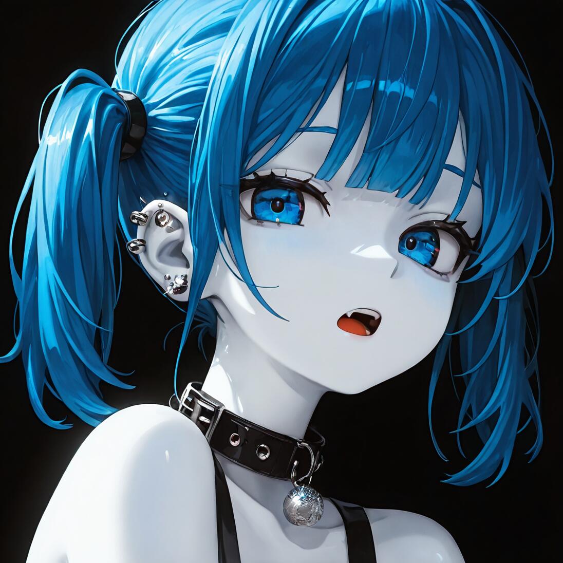 A close-up portrait of an anime girl with bright blue hair in twin tails, pale skin, and large blue eyes. She wears multiple silver ear piercings and a black collar with a silver ball charm against a solid black background.