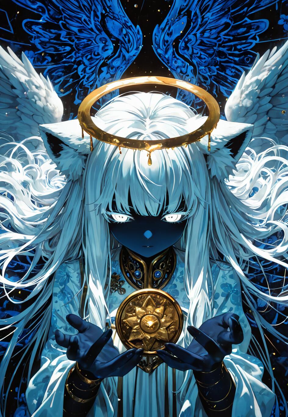 An anime-style illustration of an angelic figure with dark blue skin, long white hair, and white tiger ears. She has white feathered wings, a dripping golden halo, and glowing white eyes, and is holding a golden sun-like object.
