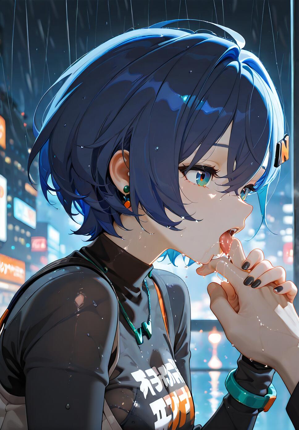 An anime-style illustration of Belle from Zenless Zone Zero with short blue hair and multicolored eyes. She is in a city at night during a heavy downpour, licking a finger from another person's hand.