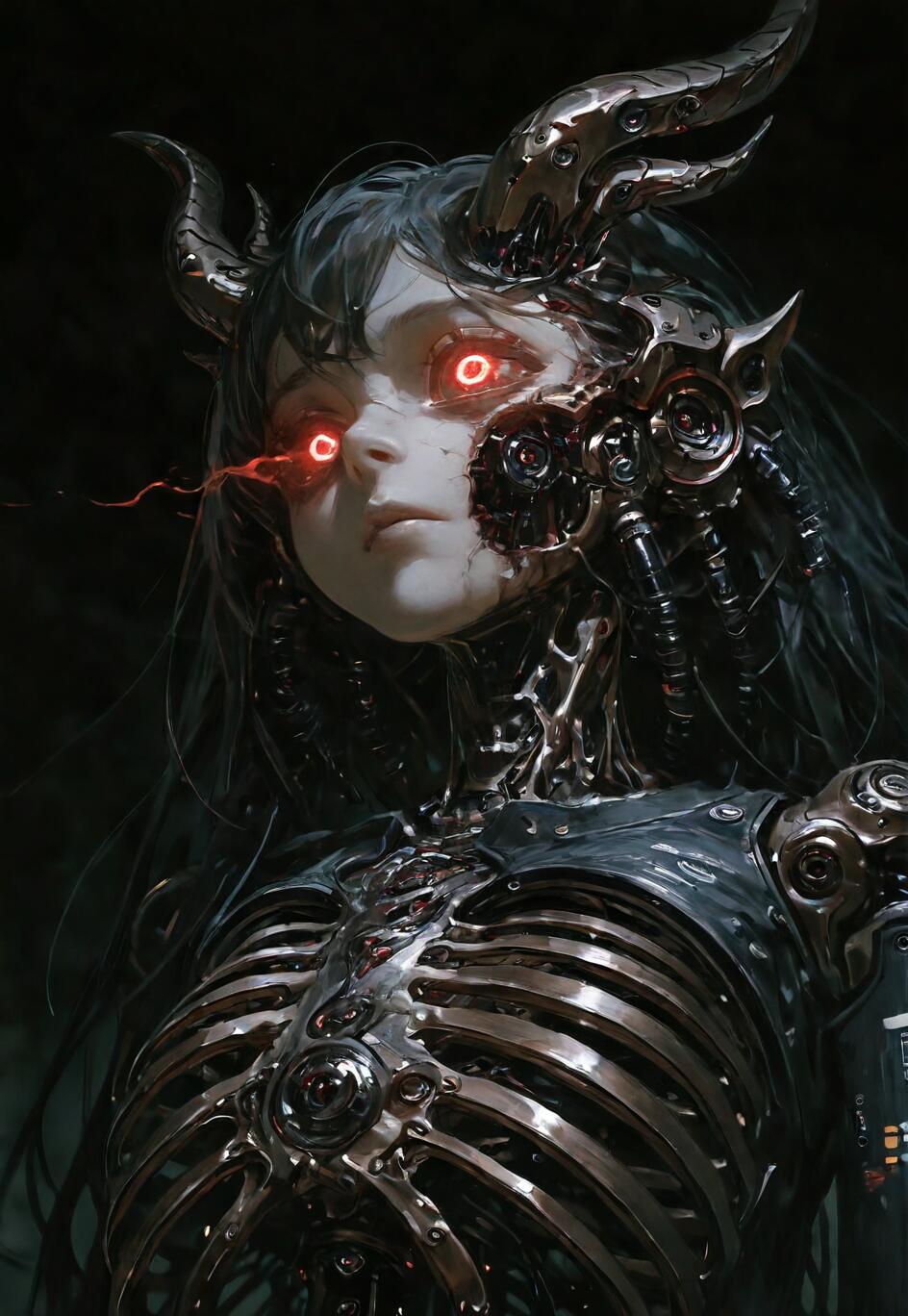 A close-up digital painting of a young woman with dark hair, metallic horns, and glowing red eyes. The right side of her face and her entire torso are replaced with intricate biomechanical parts, including an exposed metallic ribcage, set against a dark, moody background.