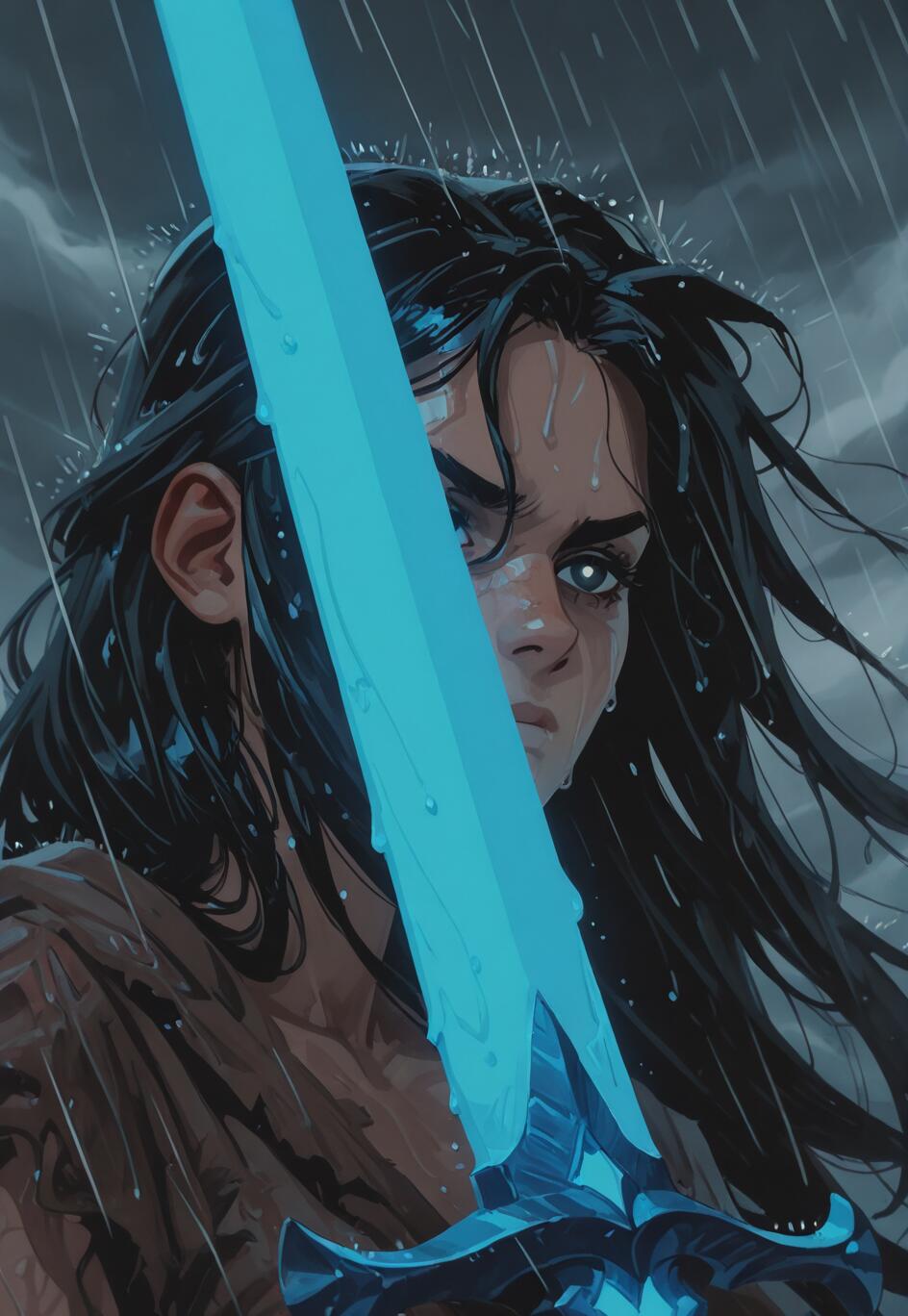A digital illustration of a young woman with long black hair in the rain, looking intensely at the viewer from behind a large, glowing light-blue sword.