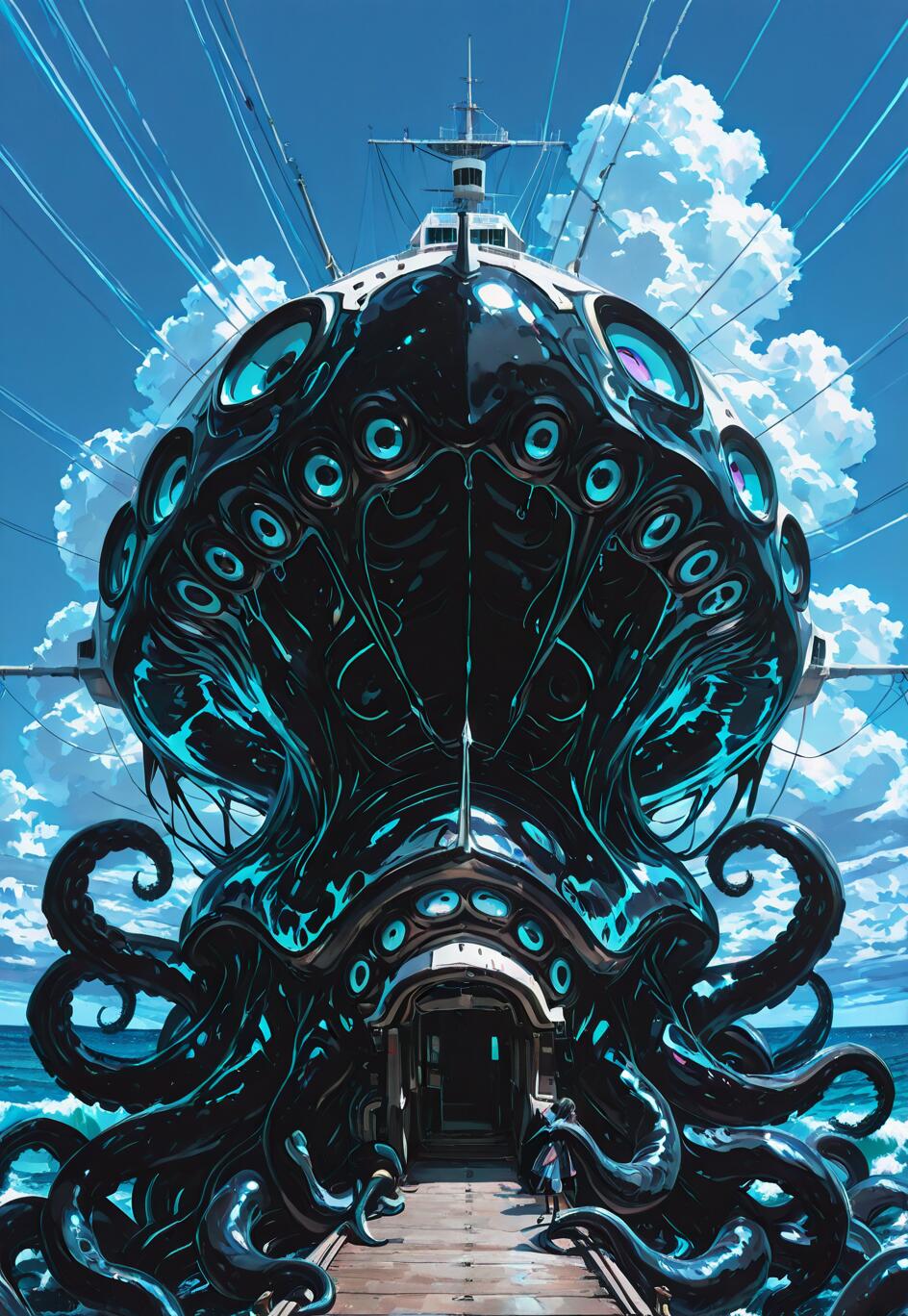 Front view of a massive ship whose bow is shaped like a giant black kraken with many glowing blue eyes and tentacles, docked at a pier under a sunny sky. A small person is about to board.