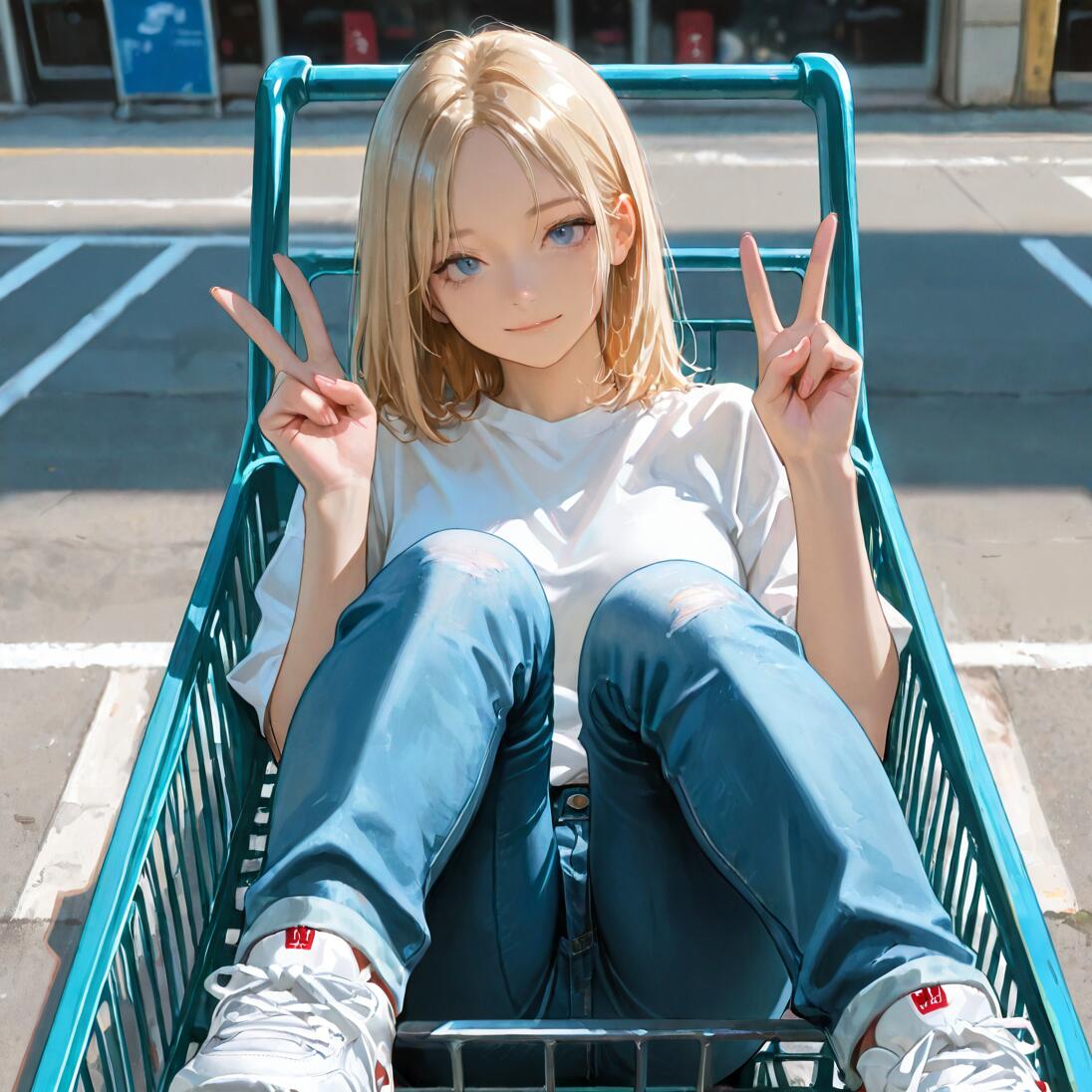 An anime-style illustration of a blonde girl with blue eyes sitting in a blue shopping cart in a parking lot, smiling and making a peace sign with both hands.