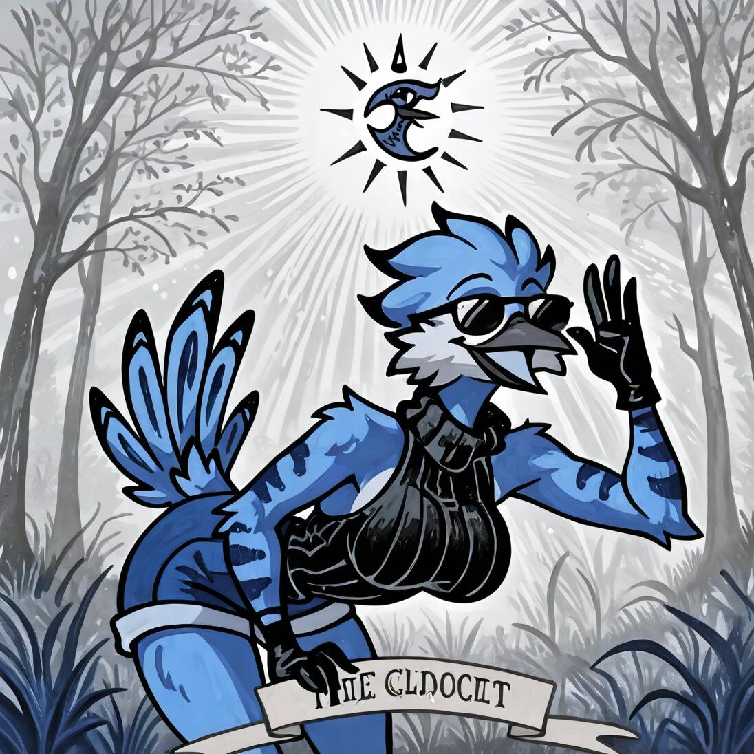 An anthropomorphic female blue jay with blue and white feathers, wearing sunglasses and a black outfit, smiles and waves in front of a grayscale forest and a stylized sun.