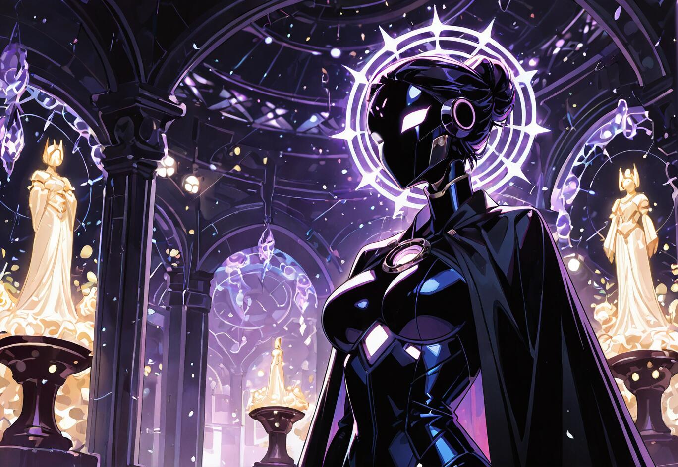 An elegant female-presenting android with a sleek black suit, a cape, and a glowing purple halo stands in a grand, dark hall filled with futuristic lights and towering golden statues.