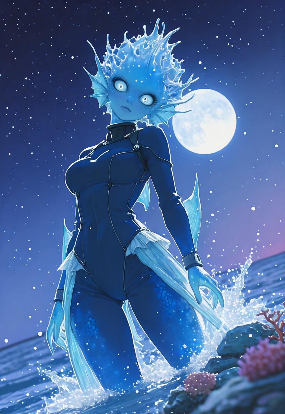 A digital illustration of a female alien water spirit with blue skin, spiky water-like hair, and large white eyes. She wears a dark blue bodysuit and is standing in the ocean at night, with a full moon and starry sky behind her.