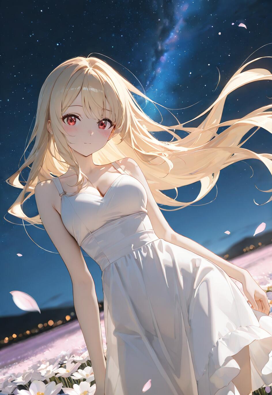 An anime girl with long blonde hair and red eyes in a white dress stands in a field of white flowers at night, with the starry sky and the Milky Way visible above her.