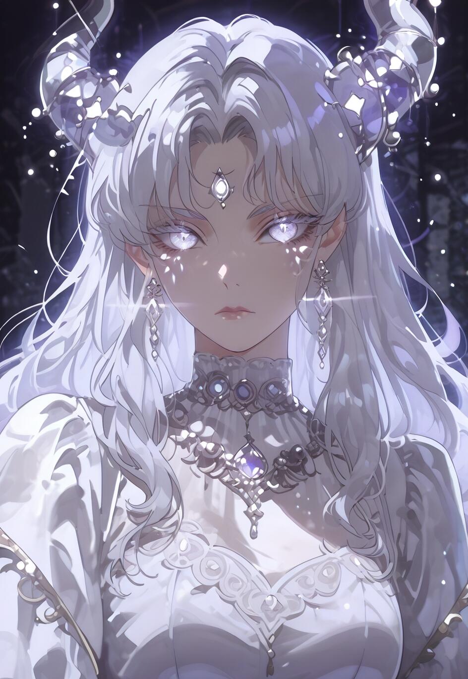 An anime-style portrait of a beautiful woman with long white hair, glowing white eyes, and crystalline horns. She wears an elegant white dress and ornate silver jewelry against a dark, sparkling background.