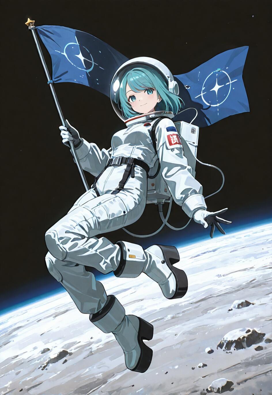An anime girl with short aqua hair in a white spacesuit and platform boots, smiling as she floats in space above a planet, holding a blue flag with a star symbol.