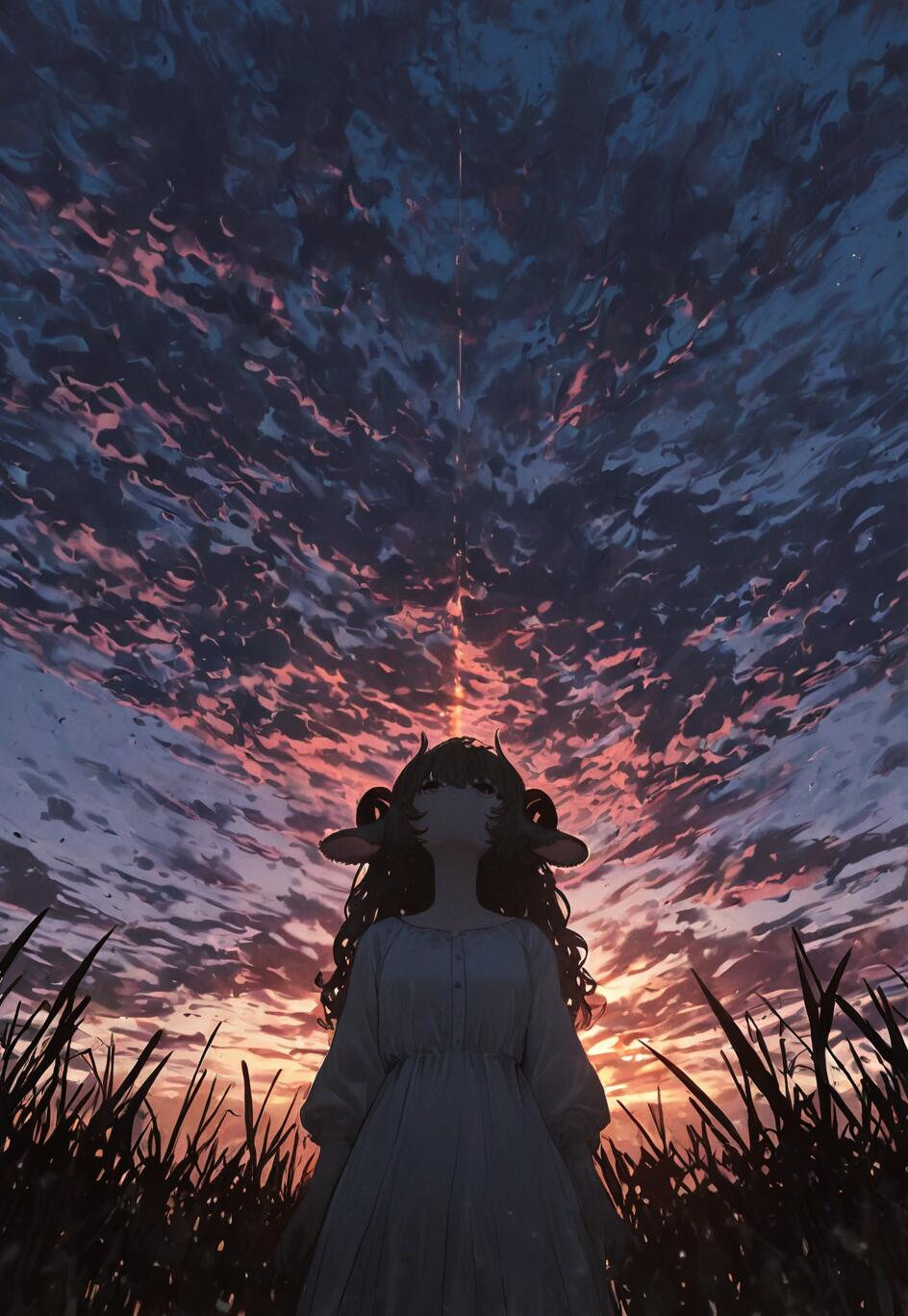 A low-angle digital illustration of a girl with dark curly hair, sheep ears, and curved horns. She is wearing a light-colored dress and standing in a field, looking up at a dramatic, cloud-filled sunset sky painted in pink, orange, and dark blue.