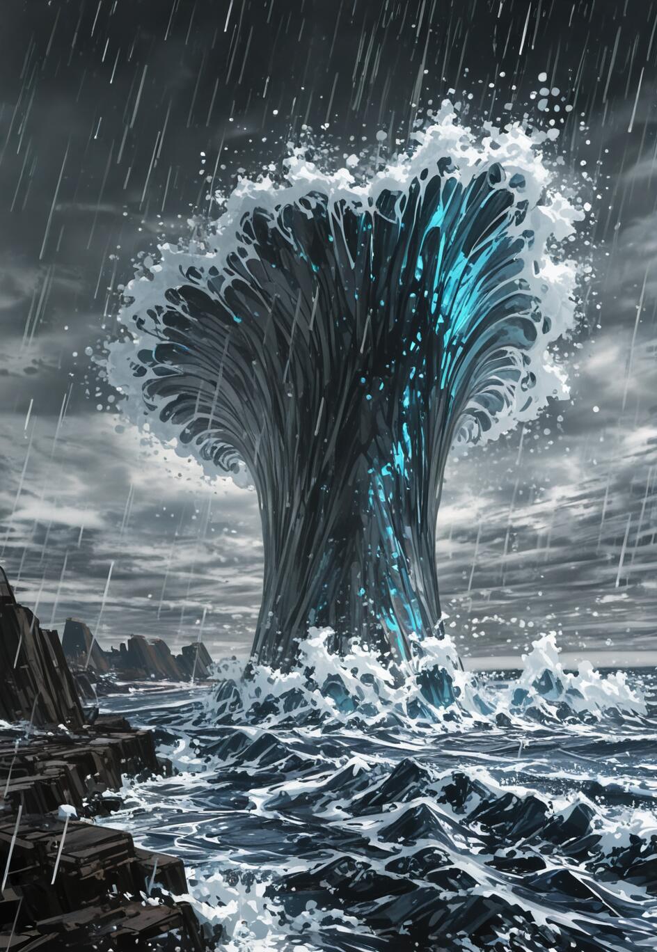 A dramatic fantasy painting of a stormy sea where a massive, tree-shaped column of water rises, glowing with a bright blue light from within. Rain falls from a dark, cloudy sky onto the turbulent ocean and a rocky shore.