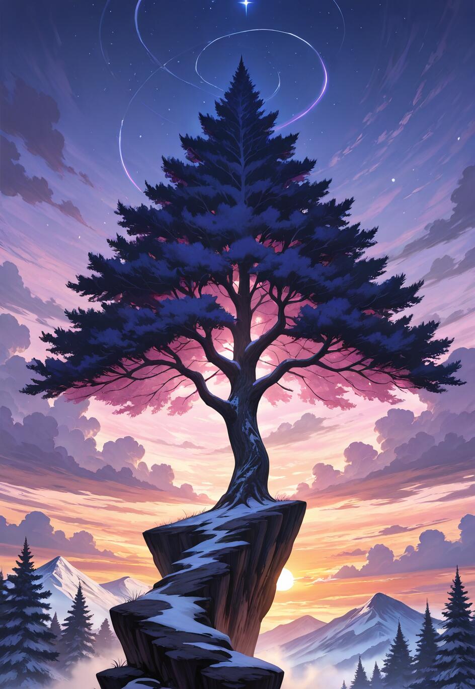 A majestic pine tree silhouetted against a vibrant purple and pink sunset sky, standing on a snowy cliff overlooking a mountain range with a bright star and celestial light trails above.