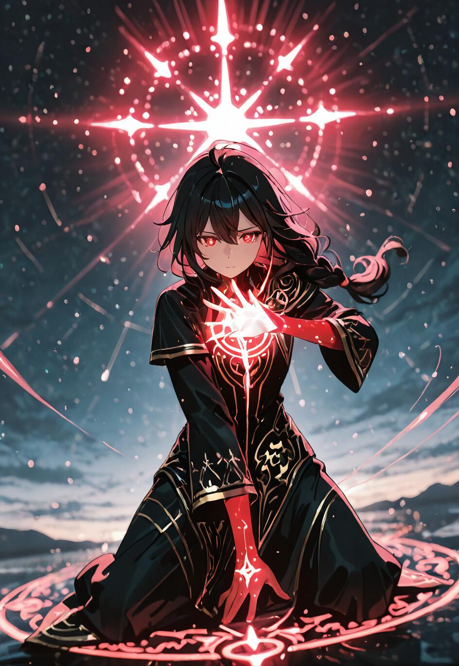 An anime-style mage with black hair and red eyes kneels in a glowing red magic circle under a starry sky. A large red celestial symbol glows above her as she holds a bright orb of light in her hand.