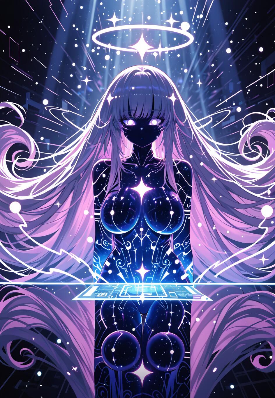 An anime-style celestial woman with long lilac hair, galaxy-patterned skin, and a starry halo, interacting with a floating holographic keyboard in a cosmic, digital space.