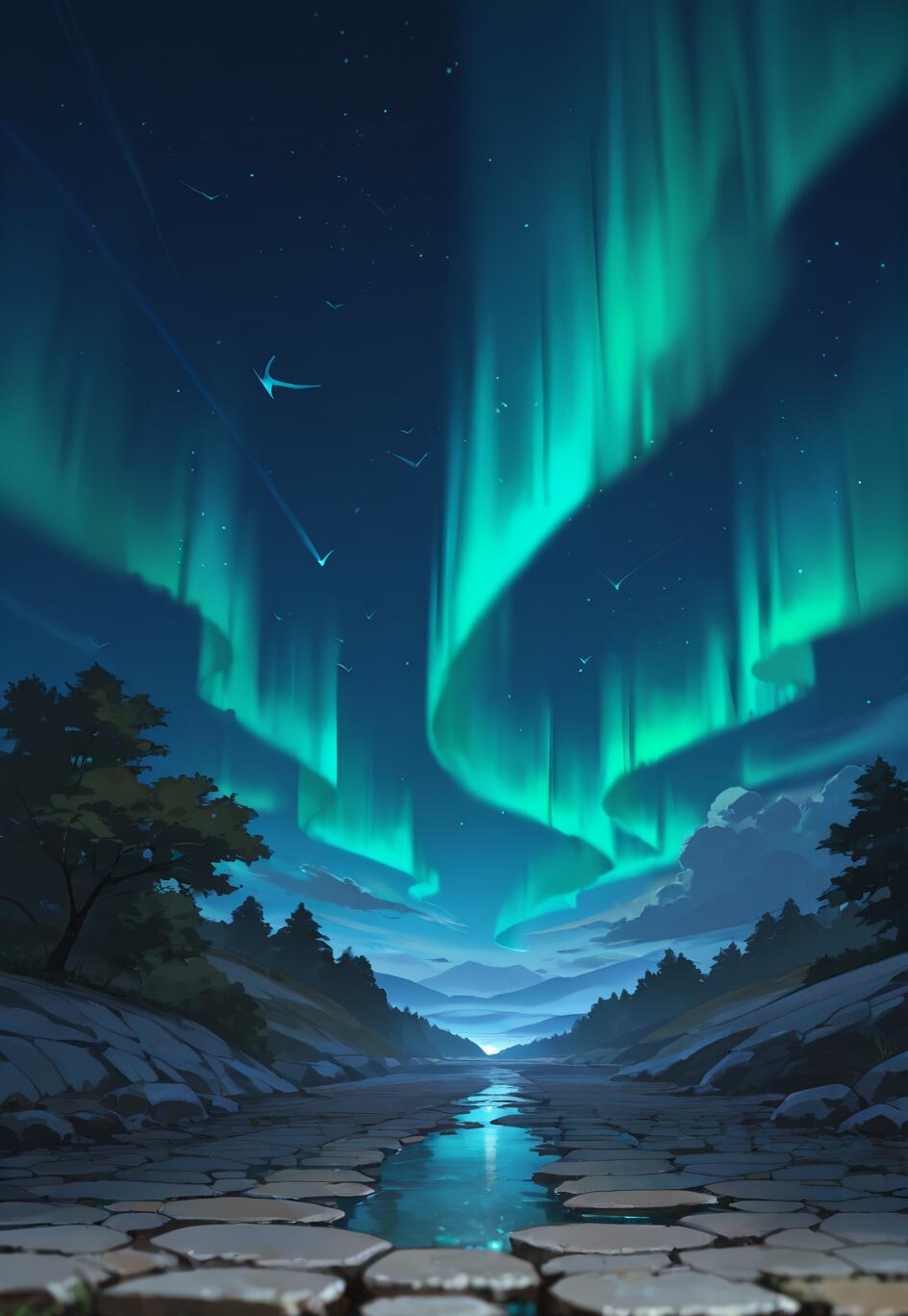 An enchanting digital illustration of a cobblestone path leading through a valley at night, with a majestic green aurora borealis lighting up the sky and reflecting in a stream running along the path.