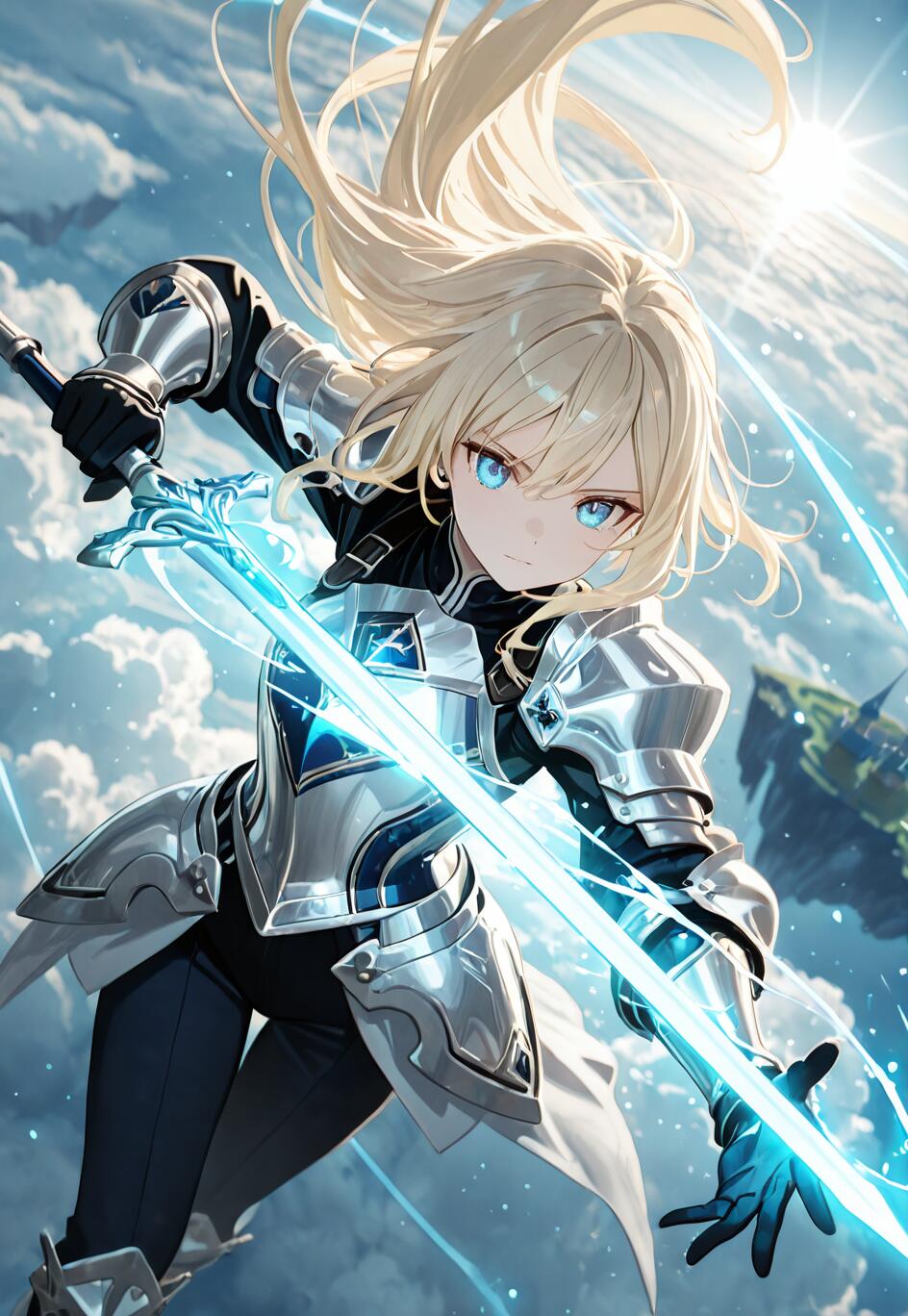 An anime-style female knight with long blonde hair and blue eyes, wearing ornate silver armor and holding a glowing blue sword. She is in a dynamic pose against a backdrop of clouds, a bright sun, and a floating island.