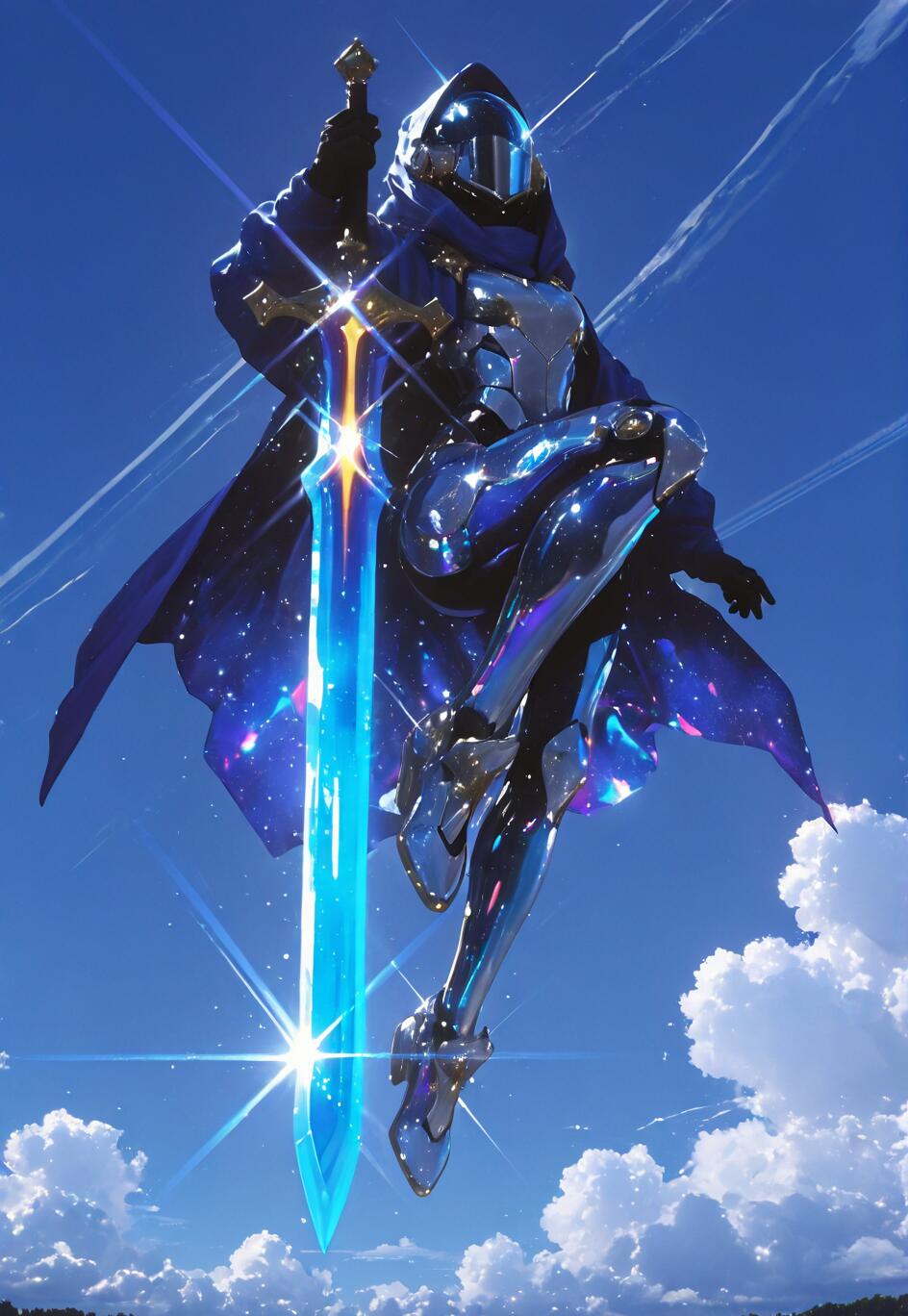A full-length illustration of a warrior in futuristic, reflective blue armor and a hooded, star-patterned cape, floating in a bright blue sky while holding a glowing blue longsword.