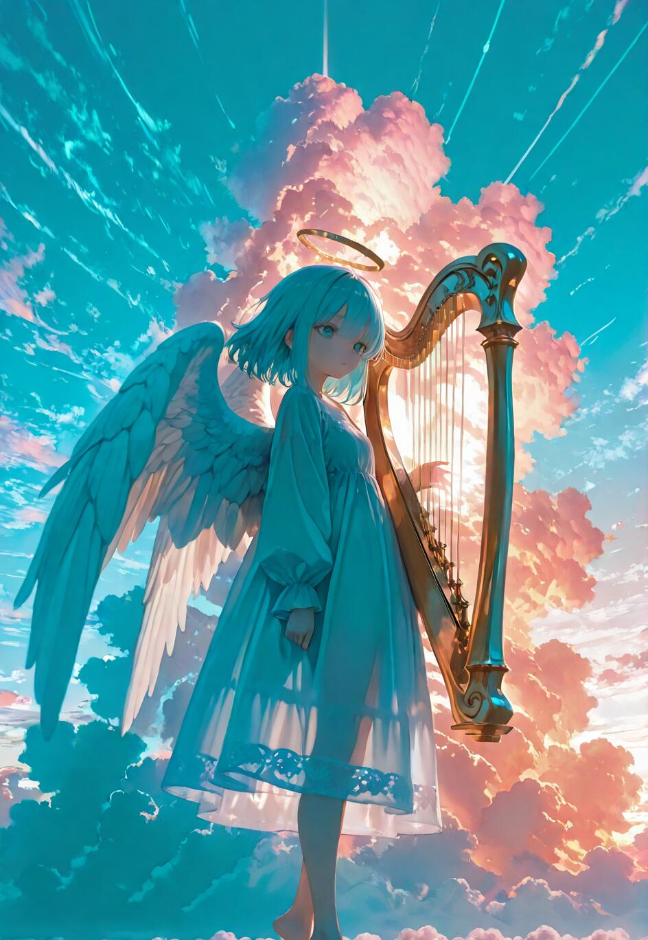 An anime angel with light blue hair, white wings, and a halo stands on clouds, holding a large golden harp against a colorful sunset sky.
