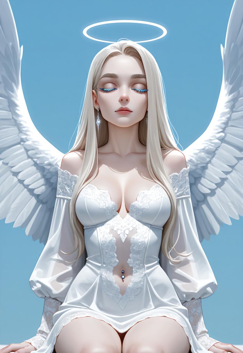 A digital illustration of a young, beautiful angel with long platinum blonde hair, a halo, and large white wings, sitting with her eyes closed in a serene pose against a blue background.