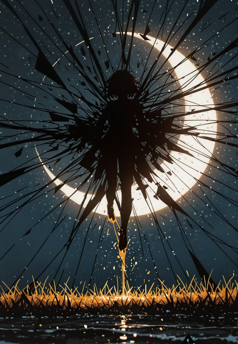 A silhouette of a person levitating in front of a giant crescent moon at night. The silhouette is exploding into black shards, and a glowing golden liquid drips from their feet onto the grassy ground below.