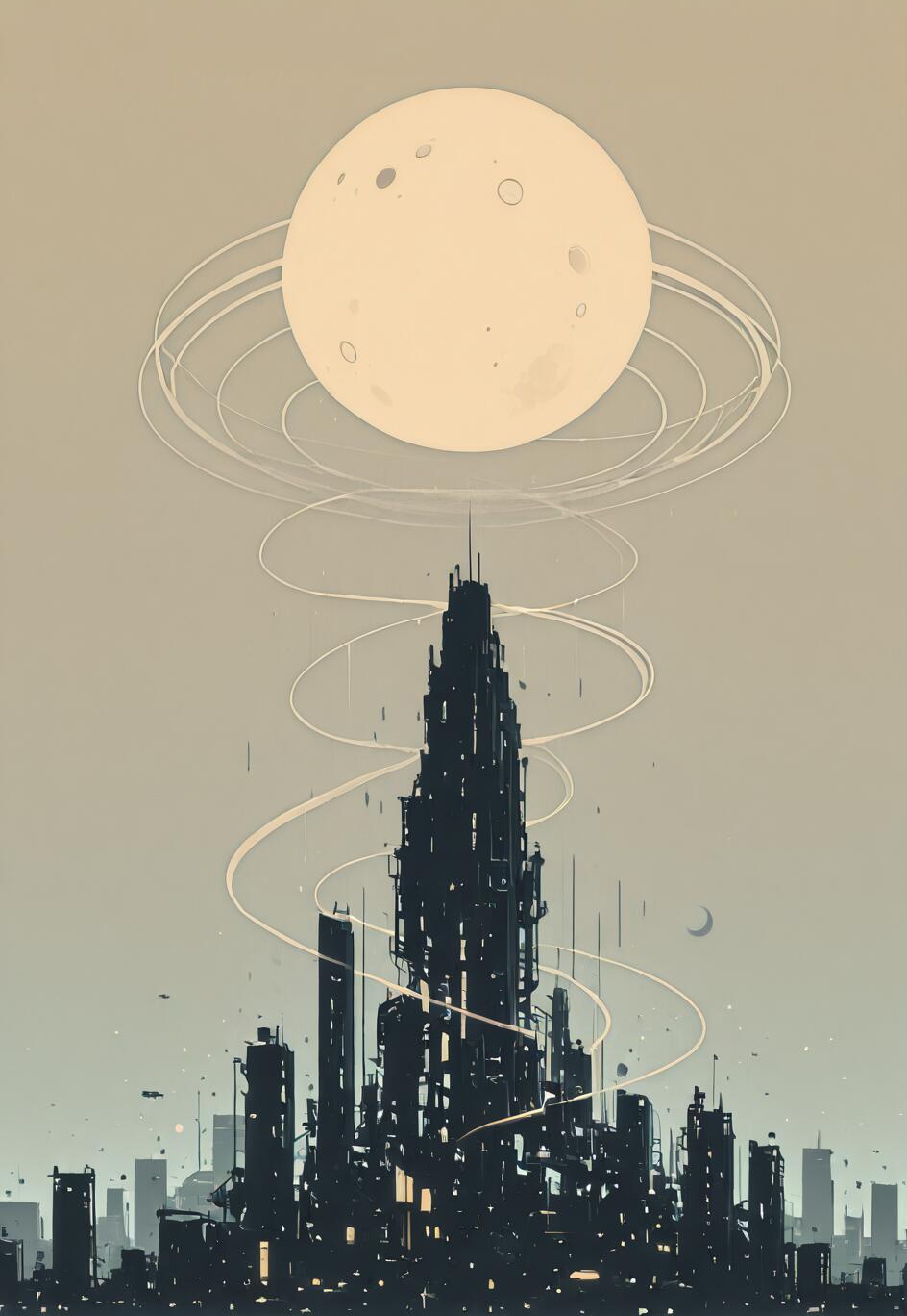 A minimalist sci-fi illustration of a futuristic city in silhouette. A giant, complex skyscraper stands in the center, seemingly connected by swirling white light trails to a large, cratered moon in the pale sky above.