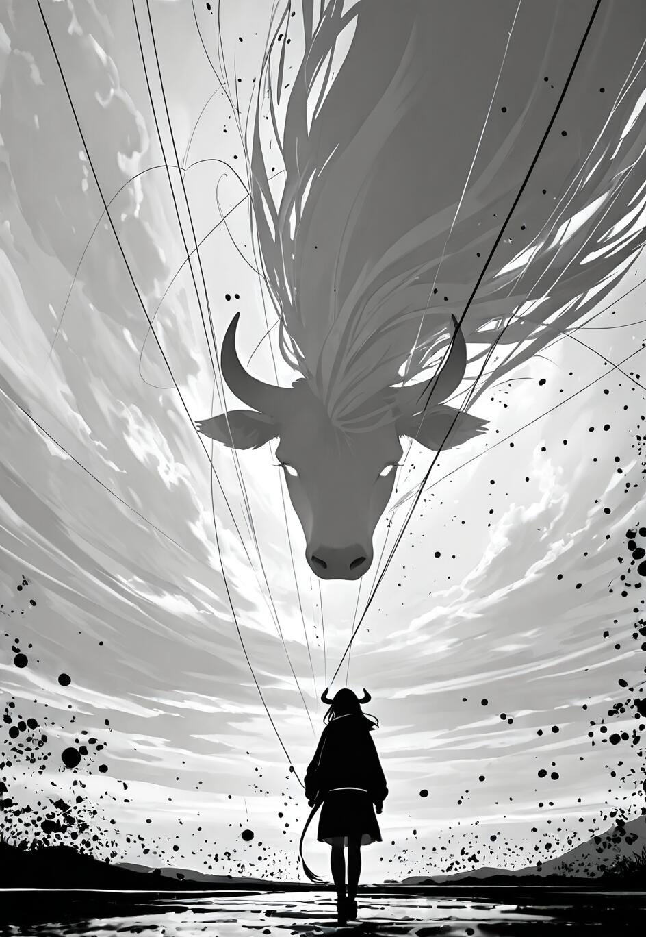 A monochrome anime-style illustration depicting a small, silhouetted girl with horns and a tail from behind, looking up at a giant, ethereal bull's head in a cloudy sky. Thin black threads hang between them against a dramatic, ink-splattered background.