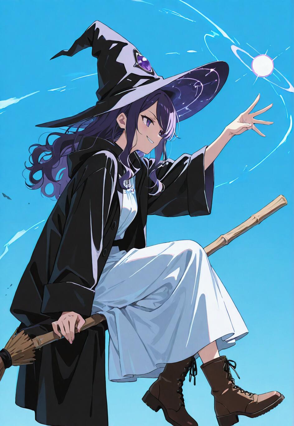 An anime-style witch with long purple hair and a black hat flies on a broomstick against a blue sky, reaching for a small orb of light with a smile.