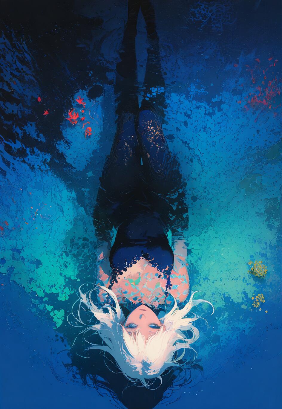 An overhead view of an anime-style woman with long white hair and blue eyes floating on her back in a surreal, multi-colored sea of blue and turquoise ink.