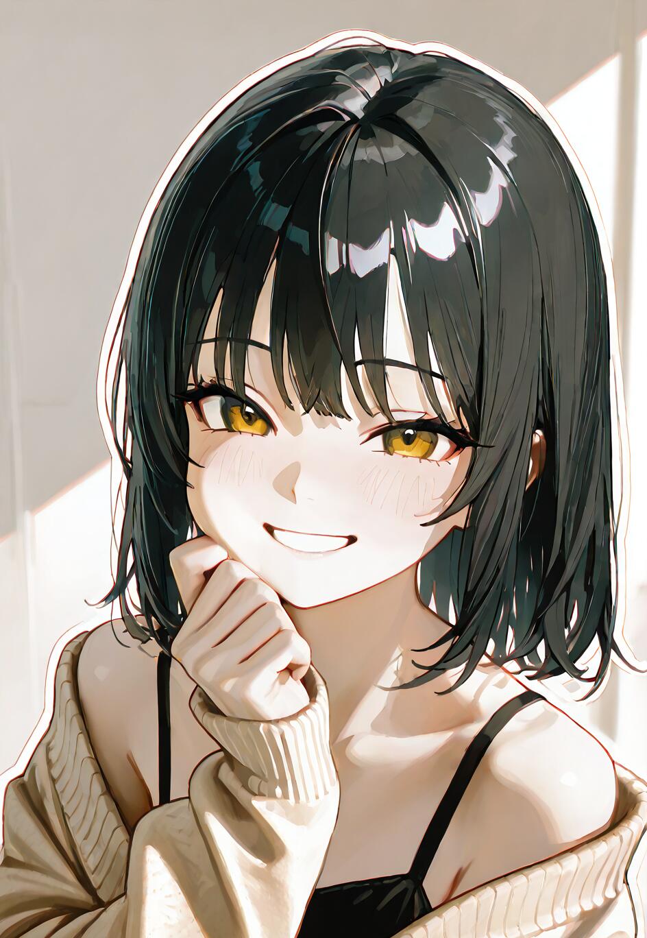 An anime-style portrait of a smiling young woman with short black hair, bangs, and bright golden eyes. She wears a black top and a beige cardigan, with her hand resting under her chin.