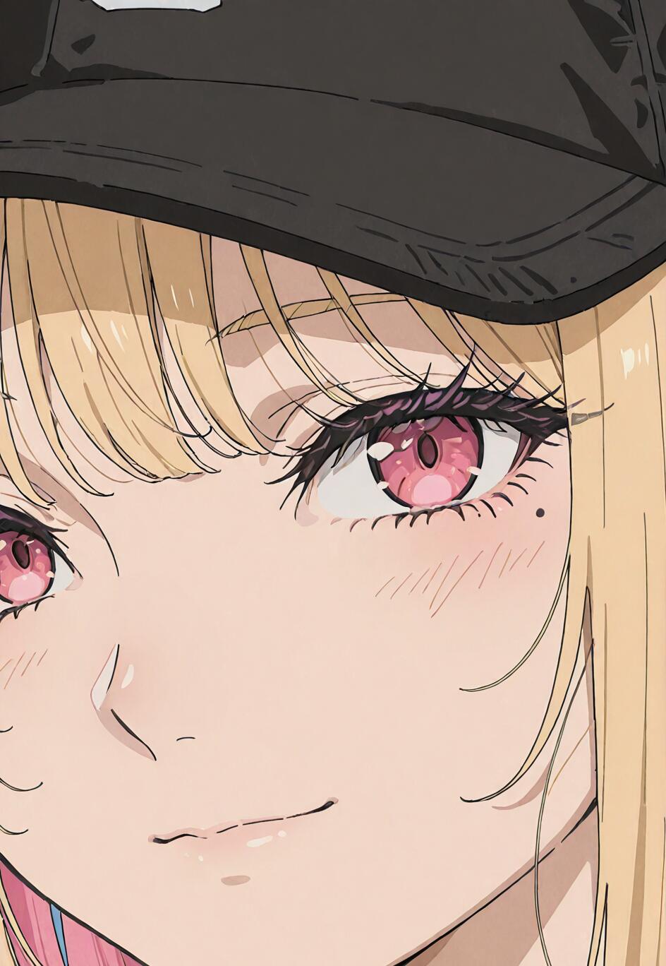 Close-up anime portrait of Marin Kitagawa from My Dress-Up Darling. She has blonde hair with pink tips, pink eyes, and is smiling while wearing a black baseball cap.