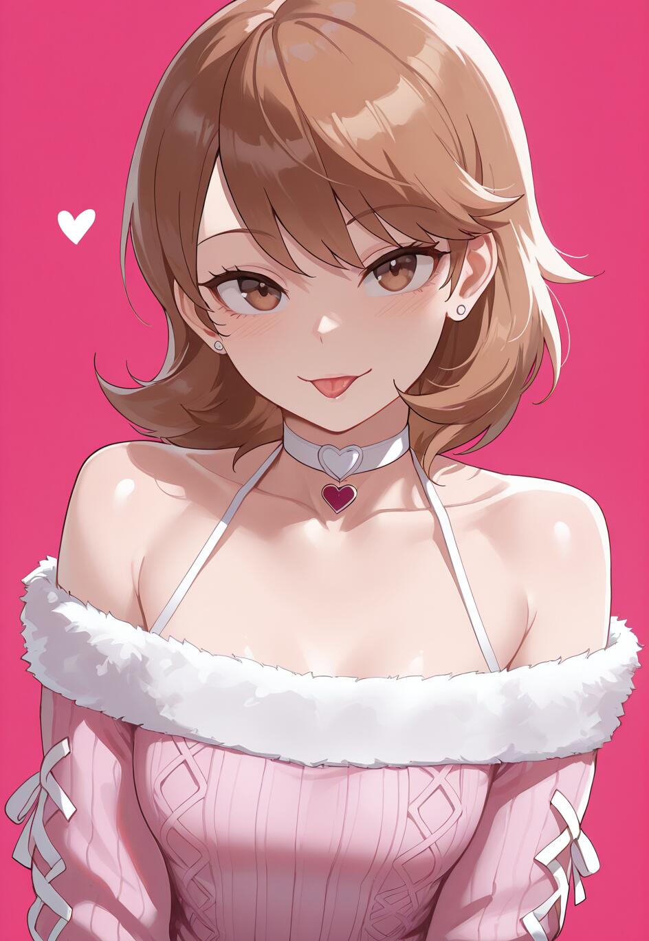 Digital illustration of Yukari Takeba from Persona 3 with short brown hair and a playful smile. She is wearing a pink off-the-shoulder sweater with fur trim, a white halterneck, and a heart choker against a solid pink background.