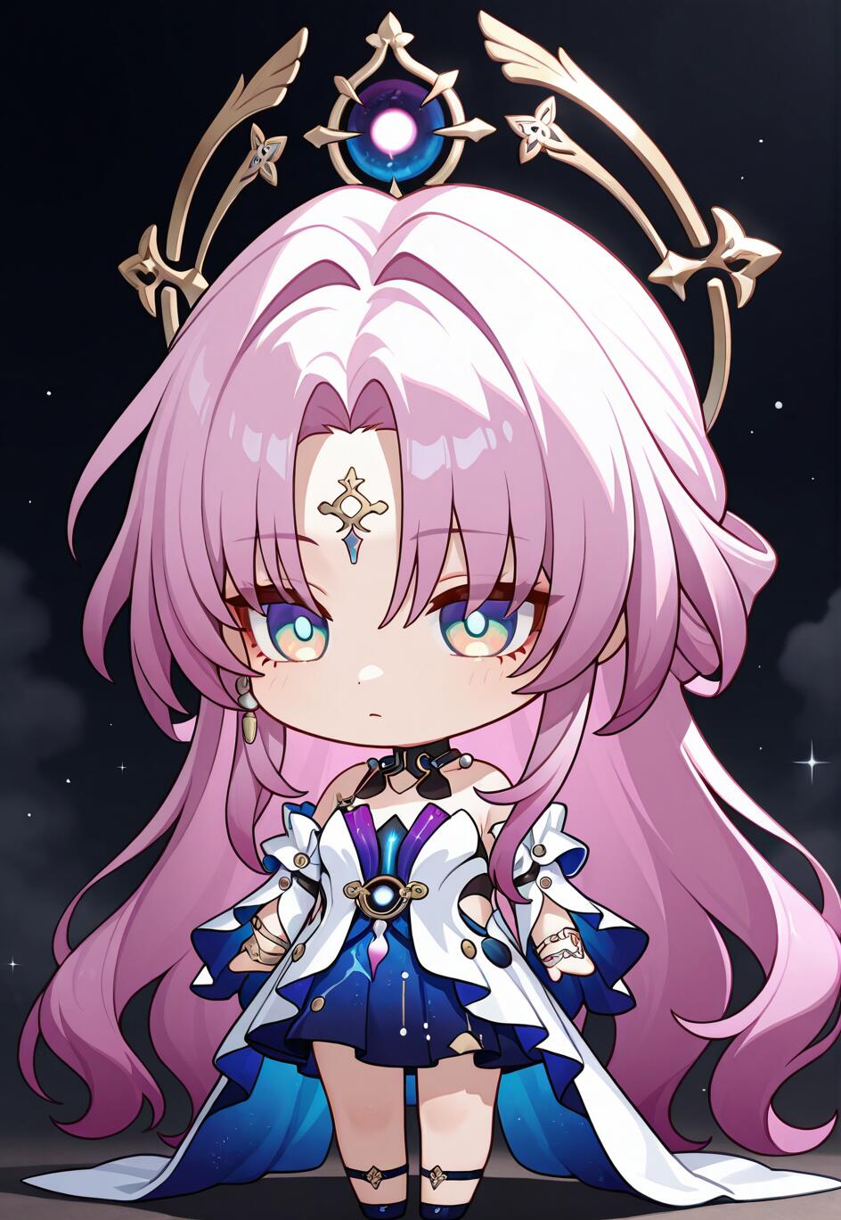 A cute chibi drawing of Fu Xuan from Honkai: Star Rail. She has long pink hair, a golden circlet, and a detailed white and blue dress, standing against a dark background with stars.