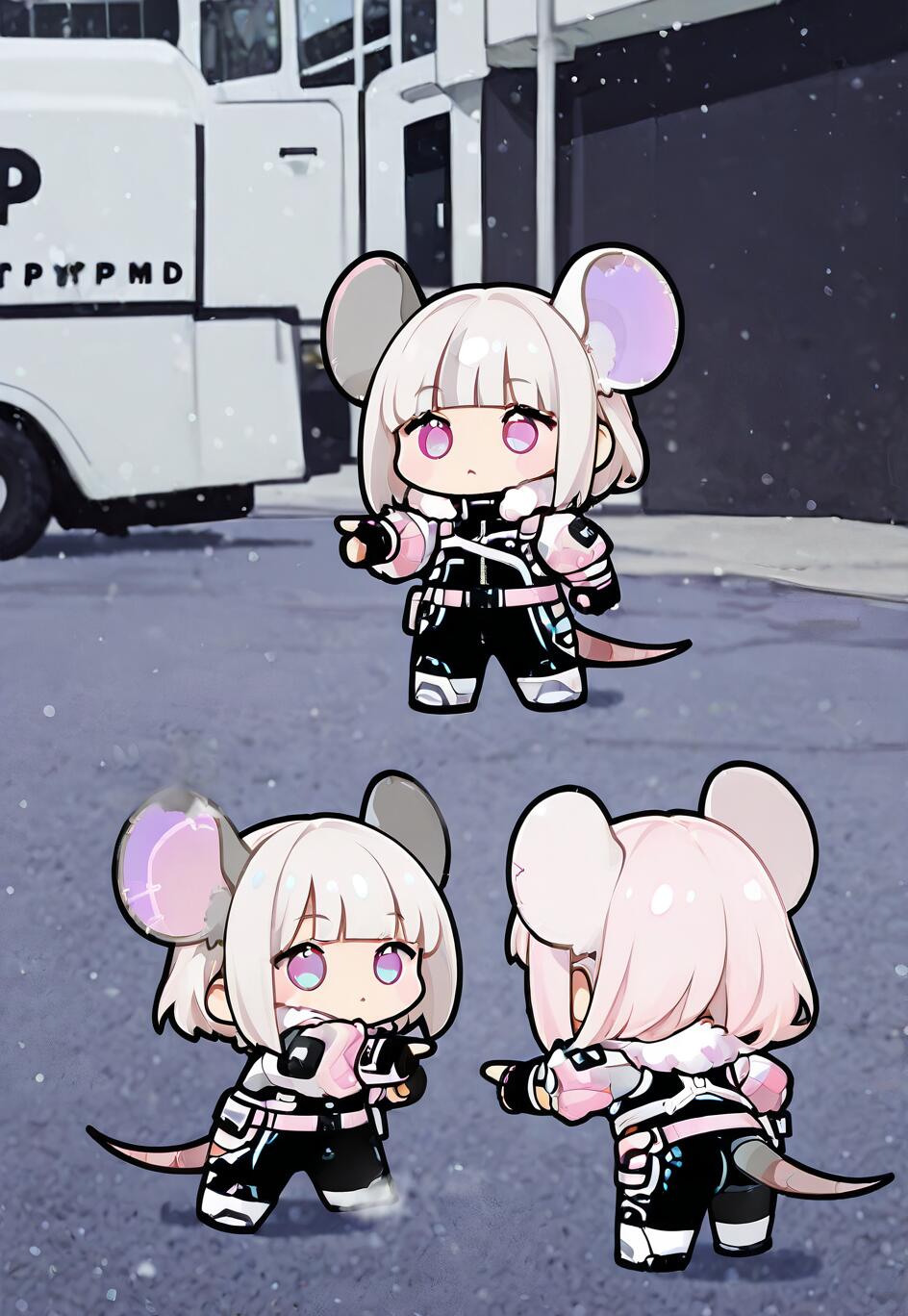 Three identical chibi anime girls with white hair and large mouse ears, dressed in black and pink futuristic outfits, stand in a circle on a snowy street and point at each other in surprise, referencing the Spider-Man meme.