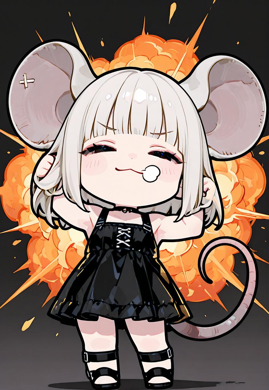 A chibi anime girl with large mouse ears and silver hair, identified as Nazrin from Touhou Project, wearing a black dress and flexing confidently in front of a fiery explosion.