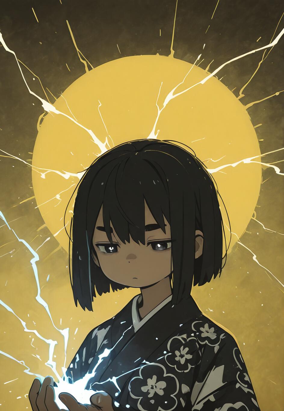An anime girl with a black bob haircut and a somber expression, wearing a black floral kimono, holds a glowing ball of lightning in her hand against a backdrop of a large yellow sun and more lightning.