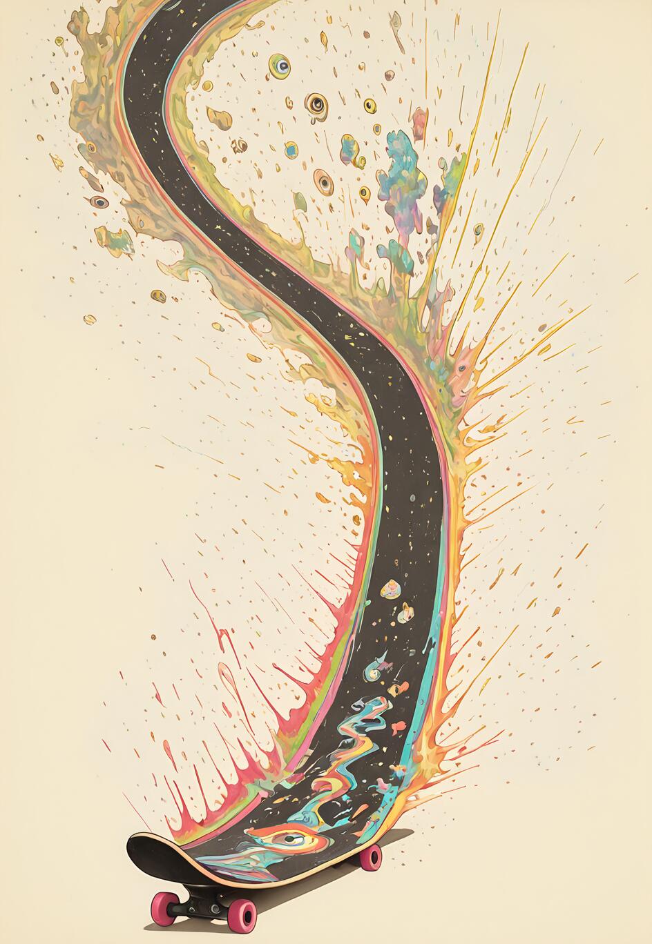 A surreal illustration of a skateboard with pink wheels at the bottom, from which a long, curving black path extends upwards, surrounded by a dynamic explosion of multicolored paint splashes against a light beige background.