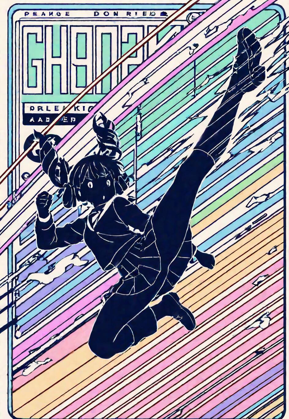 An anime-style digital illustration featuring the silhouette of a schoolgirl with twintails performing a high flying kick. She is outlined in white against a background of colorful diagonal pastel stripes, suggesting speed and motion.