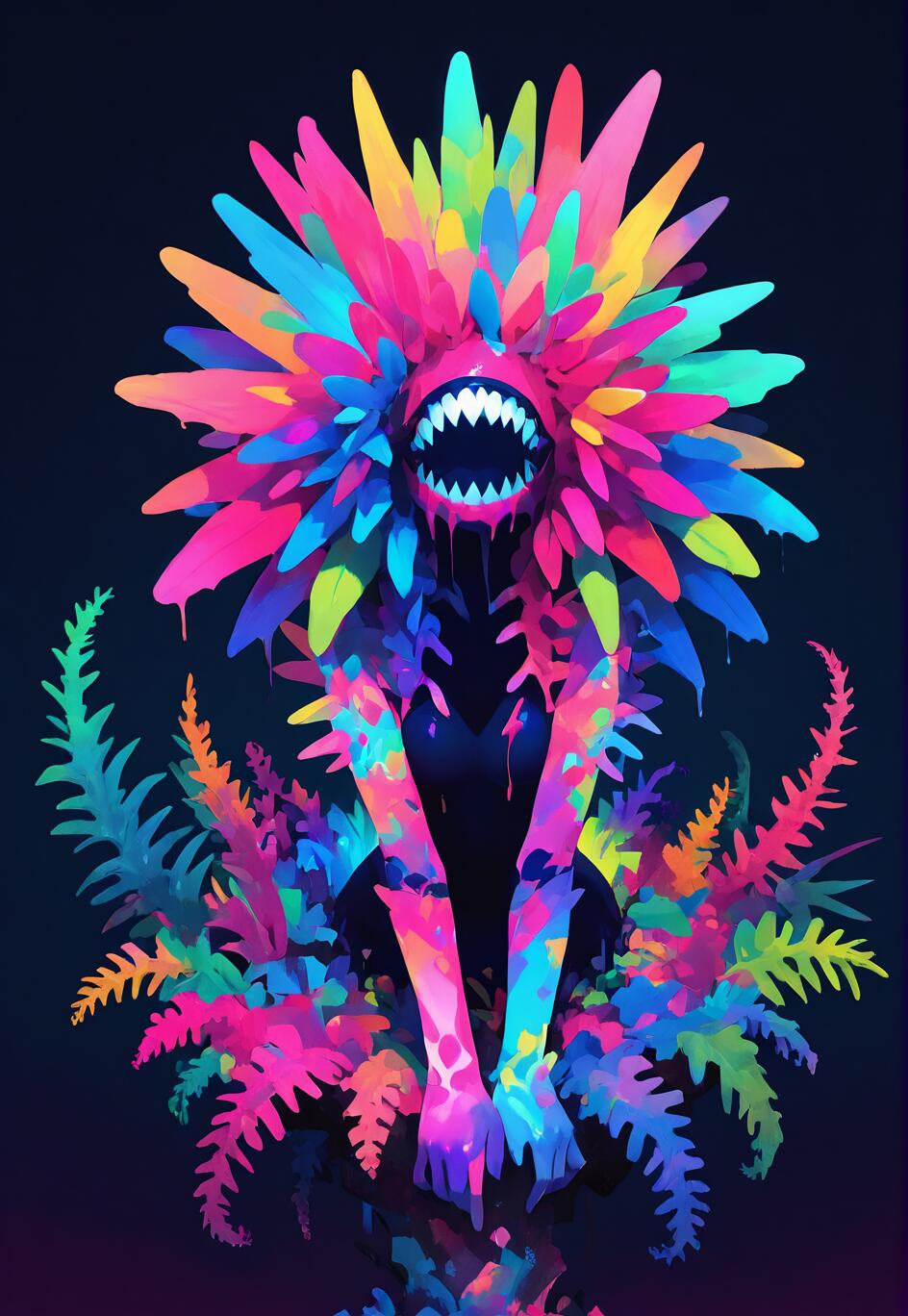 A digital illustration of a monstrous creature with a head resembling a vibrant, multi-colored flower. In place of a face, it has a large, menacing mouth filled with sharp teeth. The creature's humanoid body is covered in neon colors and is surrounded by glowing, rainbow-hued ferns against a dark background.