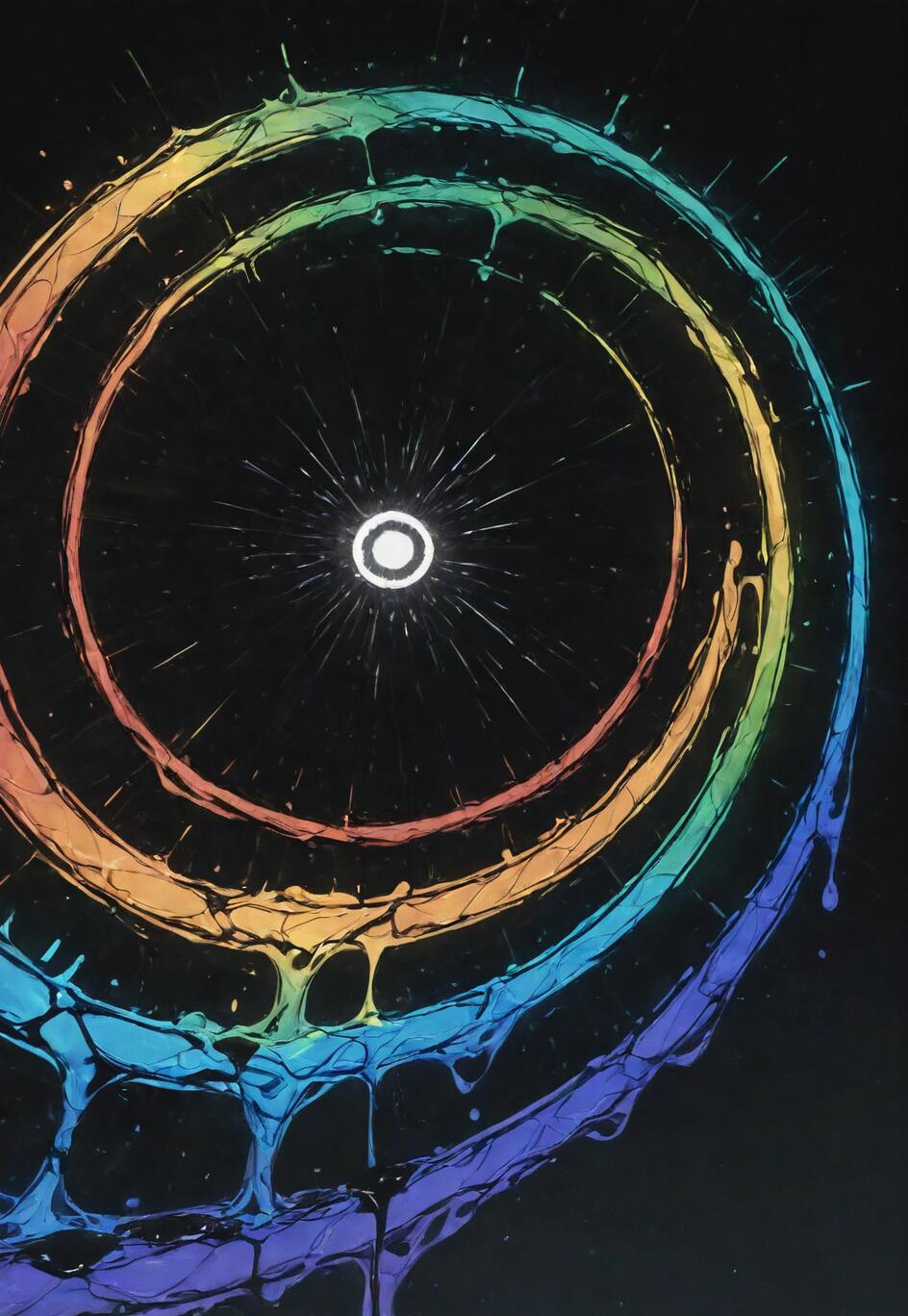 An abstract painting on a black background featuring a bright white circle at the center radiating light. This is surrounded by several spiraling rings in a rainbow gradient that look like wet, dripping paint cascading downwards.