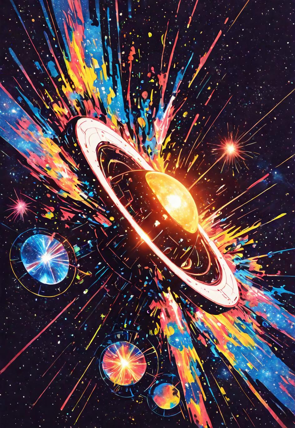 An abstract digital illustration of a futuristic, ringed space station with a glowing yellow core, set against a dark space background. The station is the epicenter of a massive, colorful explosion of blue, yellow, and pink paint-like splashes and streaks of light.