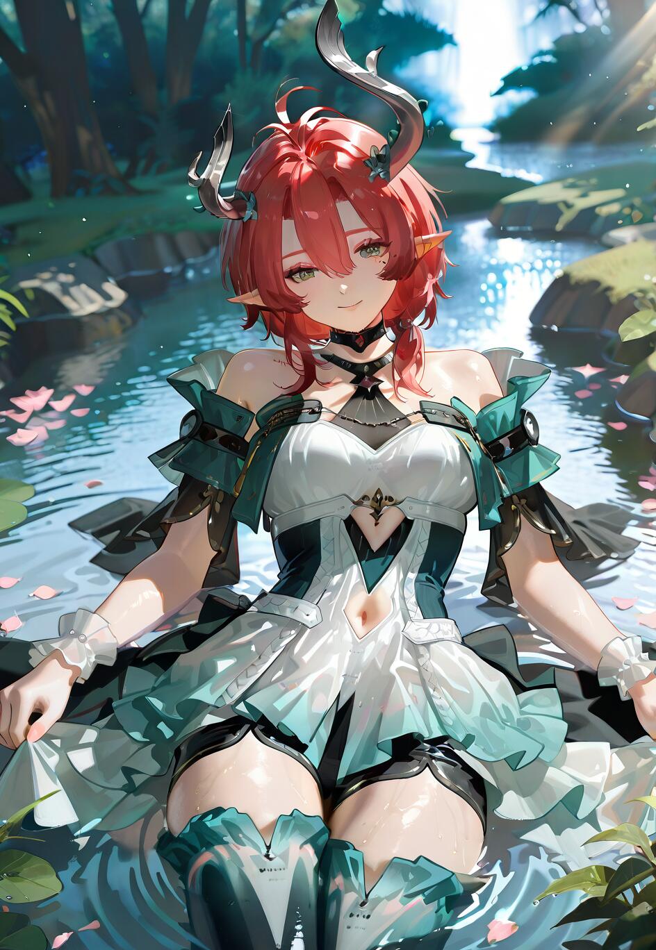 An illustration of Ciaccona from Wuthering Waves, a red-haired girl with horns, sitting gracefully in a shallow, sunlit pond in a lush forest, smiling at the camera.