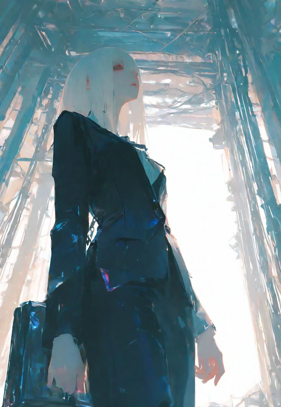 A low-angle digital painting of a woman with long white hair, identified as Cibo from Blame!, wearing a dark suit and holding a briefcase inside a massive, futuristic, and crumbling metal structure with a bright light in the background.