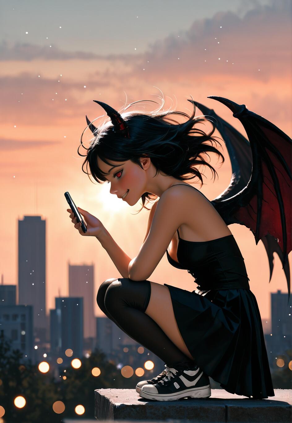 An anime-style illustration of a young woman with black hair, demon horns, and large black wings squatting on a rooftop, smiling as she looks at her phone. The city skyline is visible behind her during a colorful sunset.