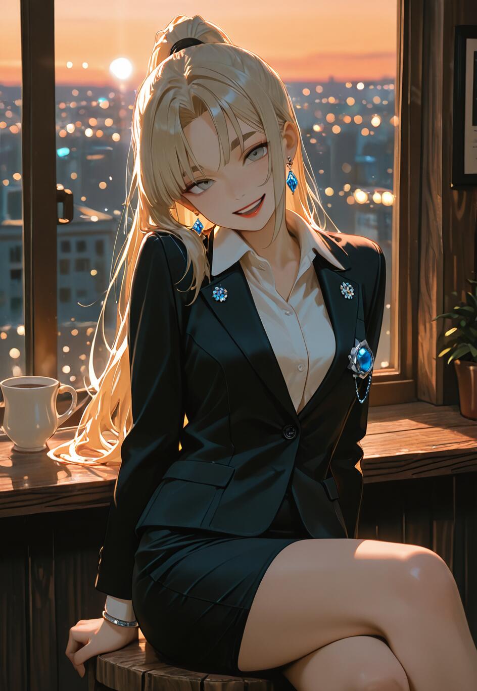 An anime illustration of a stylish blonde woman in a black business suit sitting by a window with a sunset cityscape view. She is smiling at the viewer, and a coffee cup is on the windowsill.