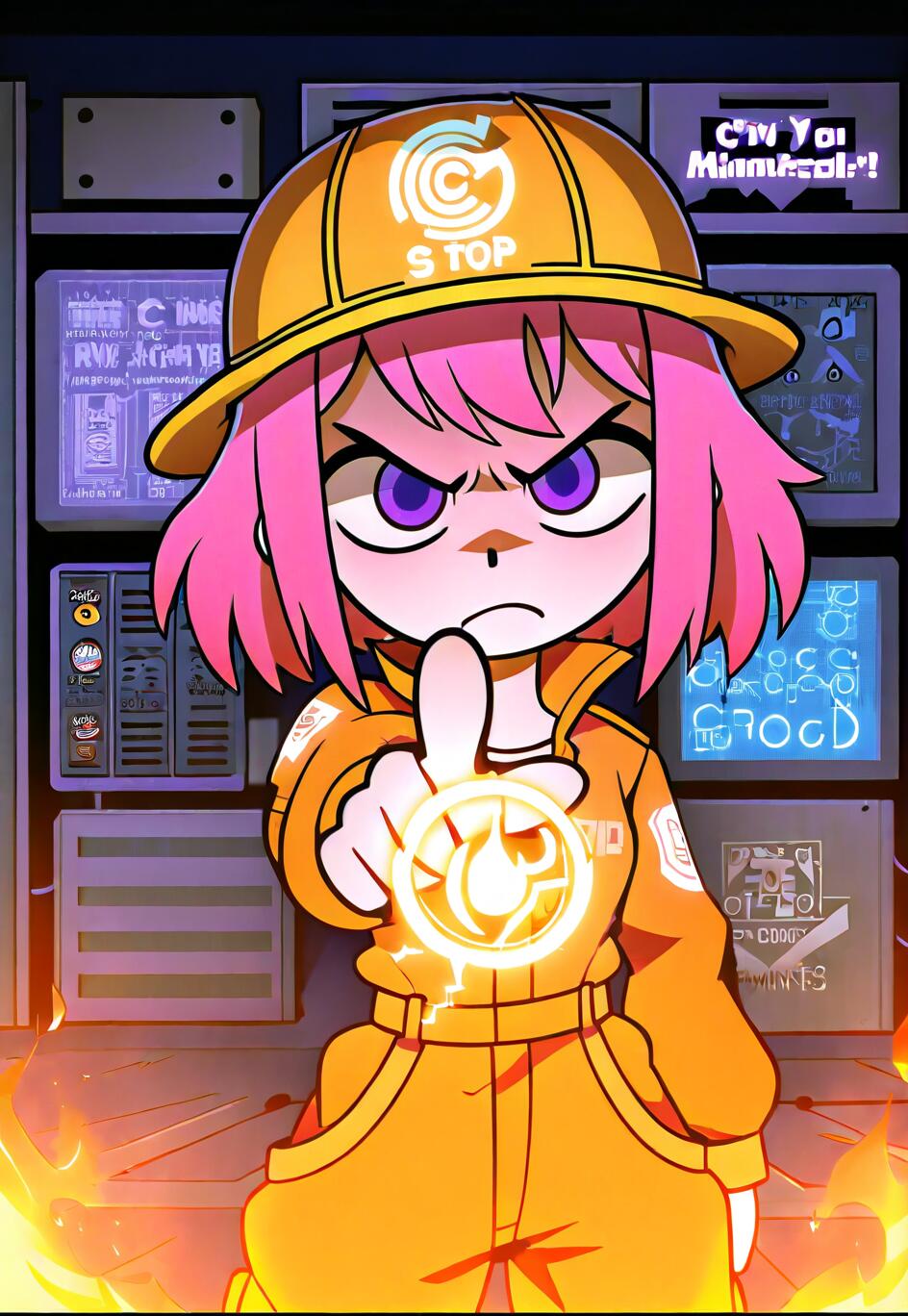 An angry anime girl with pink hair and purple eyes, wearing a yellow hardhat and orange jumpsuit, pointing at the viewer in a burning server room.