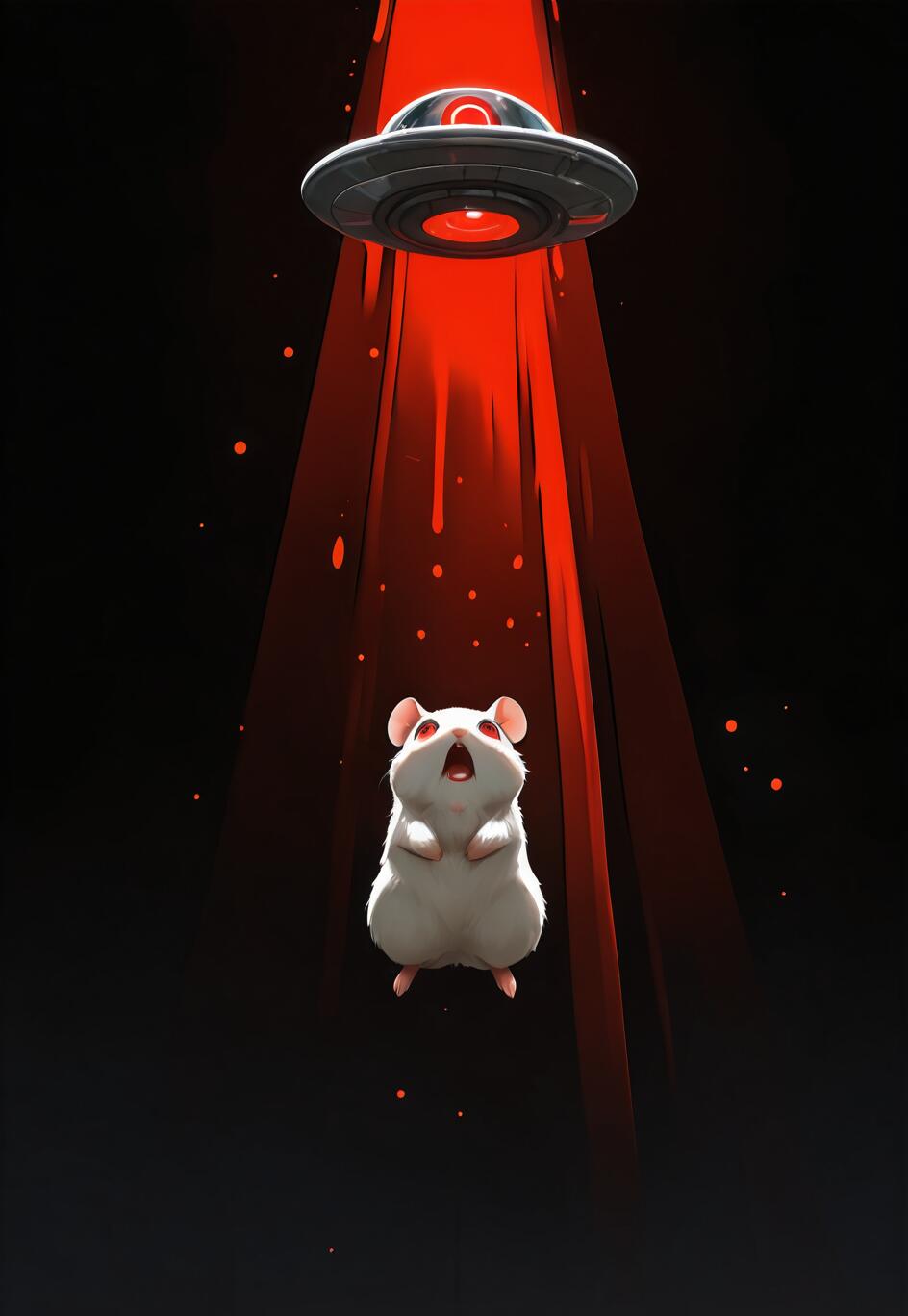 A small white hamster with red eyes and an open mouth is being levitated by a red tractor beam from a classic flying saucer against a dark background.