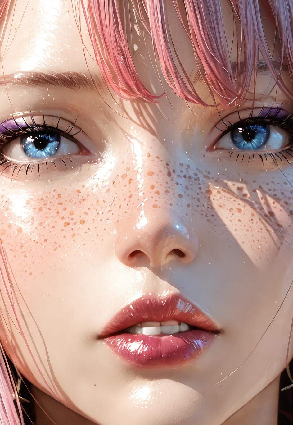 A close-up digital illustration of a woman's face with detailed eyes, glossy metallic makeup, and vibrant colors.