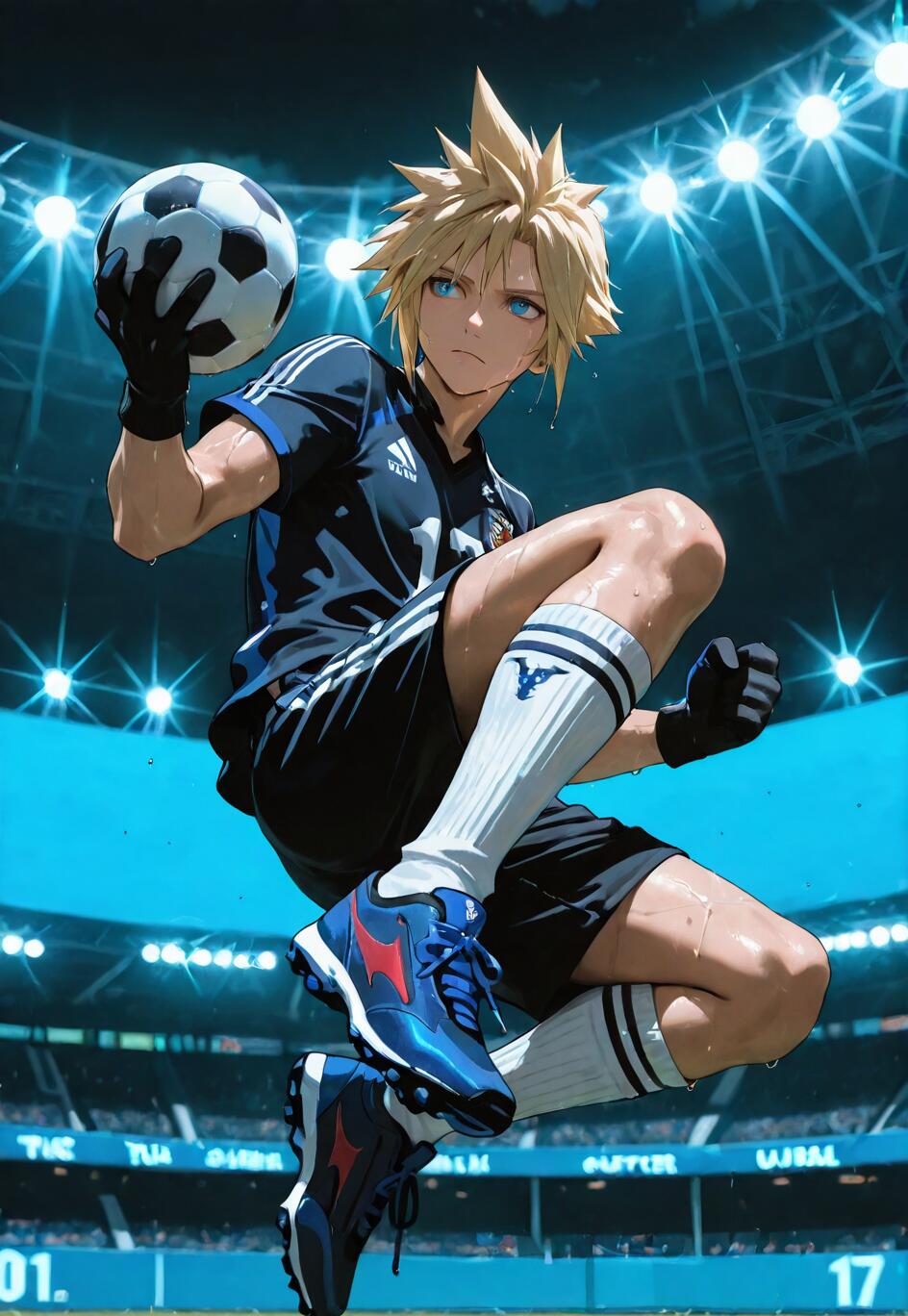 An anime-style illustration of Cloud Strife from Final Fantasy VII as a soccer player, jumping in mid-air inside a brightly lit stadium at night, holding a soccer ball.